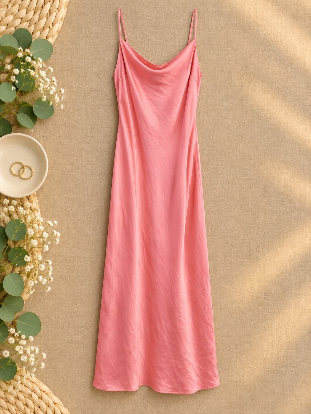 Express Coral Pink Satin Cowl Neck Slip Maxi Dress Wedding Guest Glam Size S